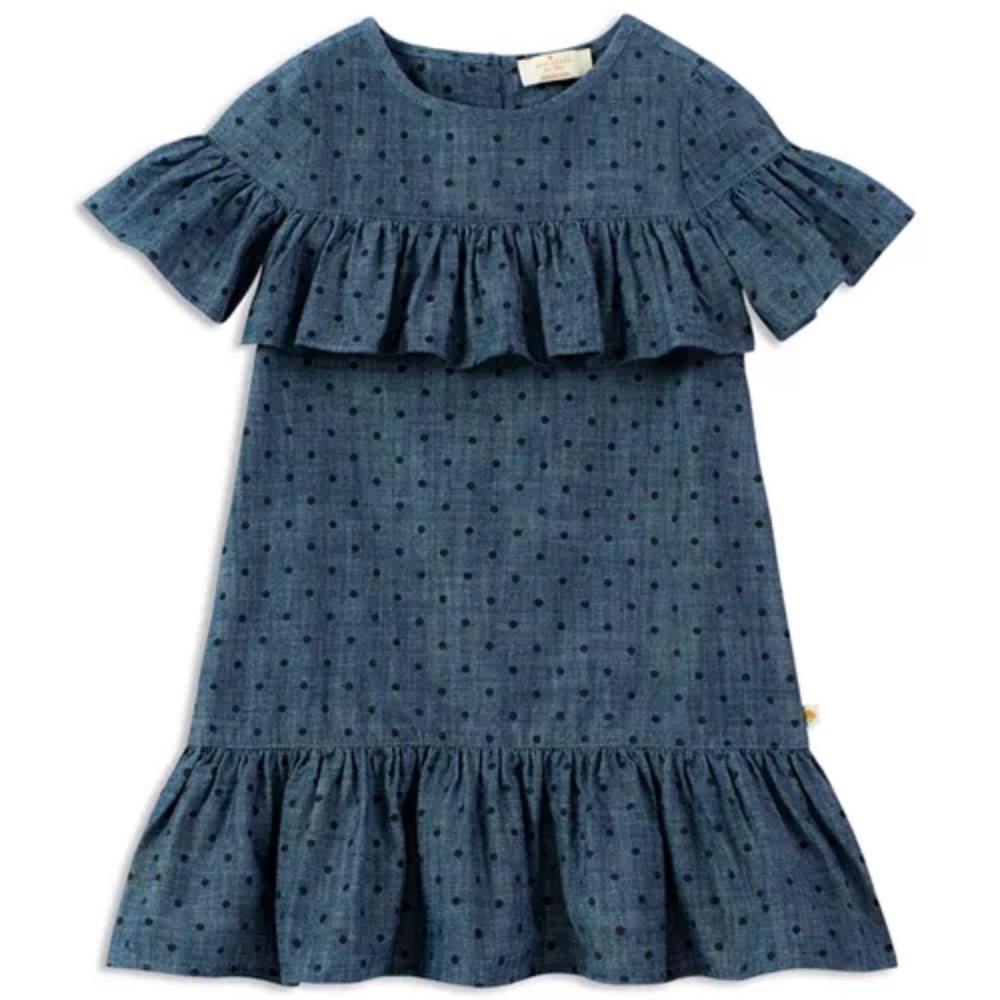 EUC Kate Spade New York Girls' Ruffled Polka-Dot Chambray Dress 12 mon Bloomers